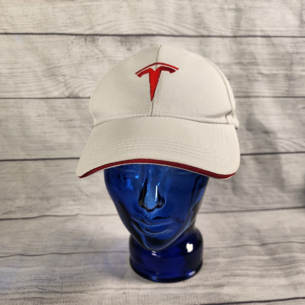 Tesla Motors Logo Baseball Cap White Red Embroidered Adjustable Hat Mens 58cm